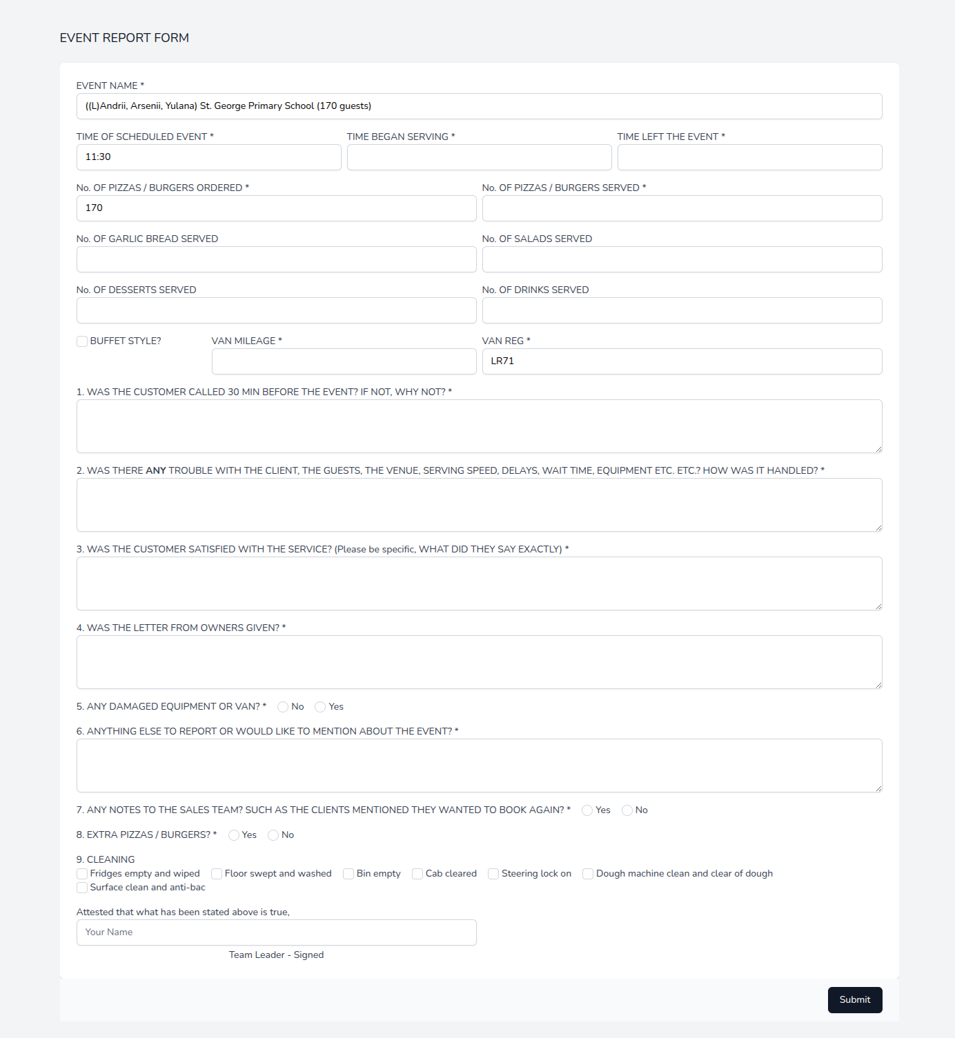 Event Report Form example