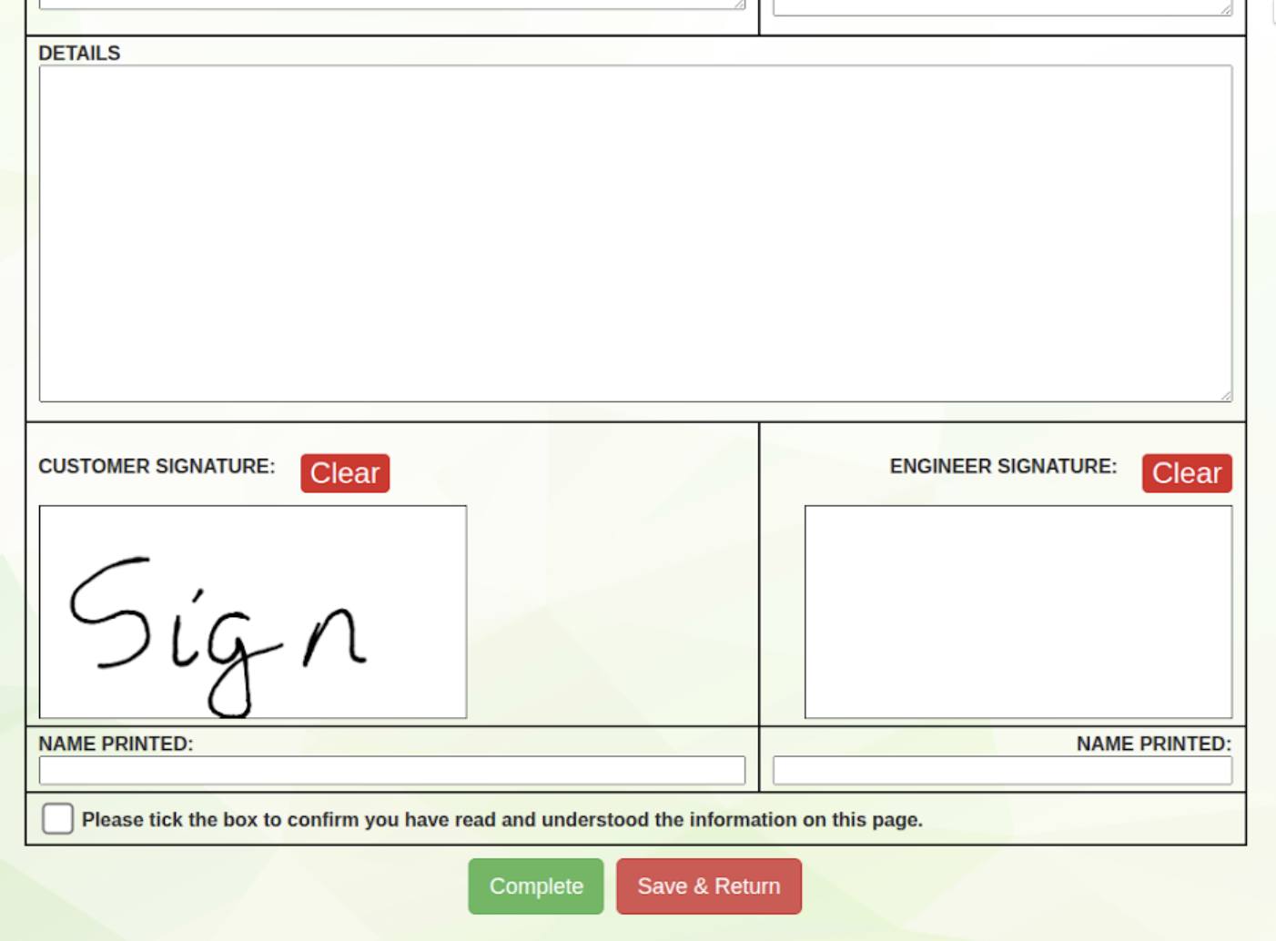 page with signature fields